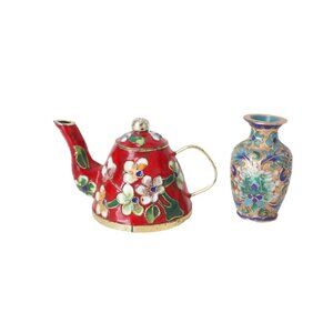2 Vintage Miniature Cloisonne Teapot & Vase Enamel Paint